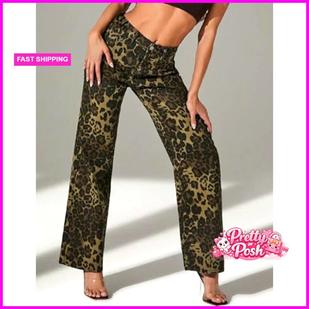 Leopard Print Wide Leg Denim Pants Mid Rise Boyfriend Fit - Picture 3 of 7